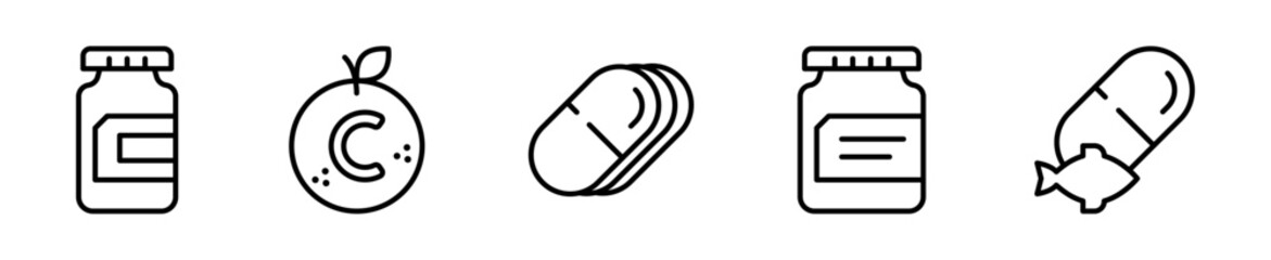 Set de iconos vitaminas suplementos pastillas proteína 5 piezas outline vector © Alejandro