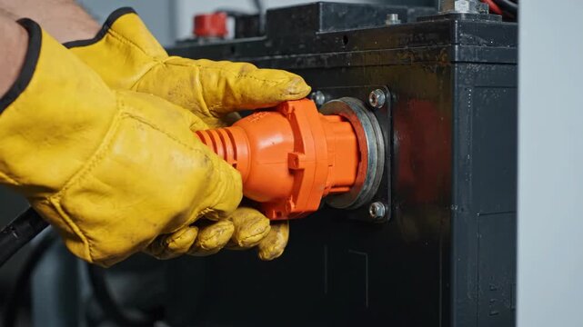 Electric plug worker hand safety glove power connection orange connector industrial cable socket electrician maintenance electrical safety closeup