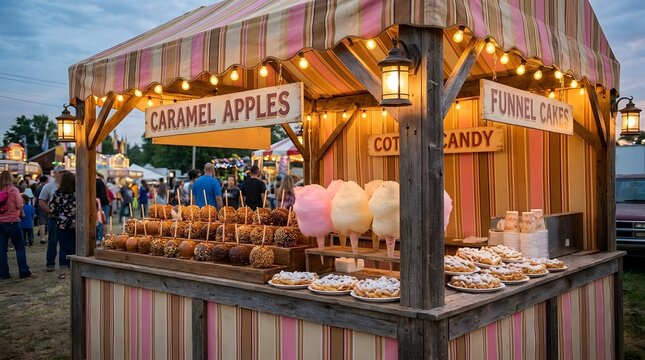 Carnival food concession stand selling caramel apples and cotton candy at evening event