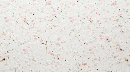 Fototapeta premium Delicate handmade paper background with scattered pale pink flower petals and natural fibers, intricate texture, artistic craft material, ethereal and soft aesthetic, organic design element.