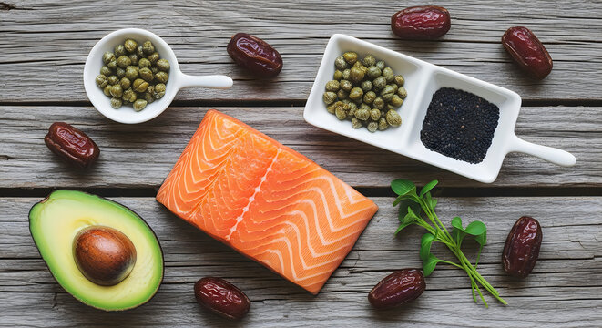 Gourmet salmon platter with capers avocado and pomegranate seeds on wood