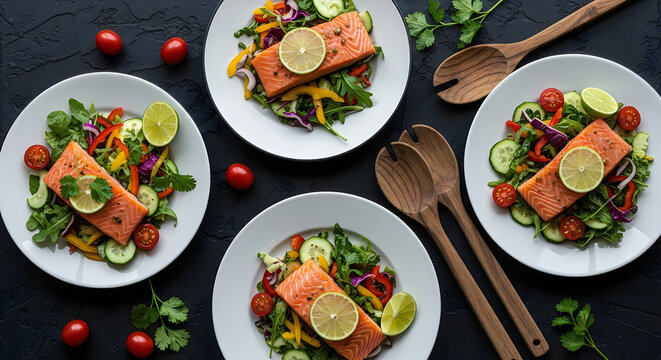 Delicious salmon salad plates with vibrant vegetables and citrus garnishes