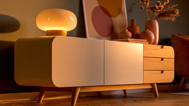 Mid-century modern wooden sideboard with warm accent lighting and home decor items