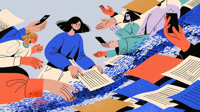Woman pulling one neat summary card out of a wide flowing stream of coloured fragments, drawn as a bold contemporary editorial illustration