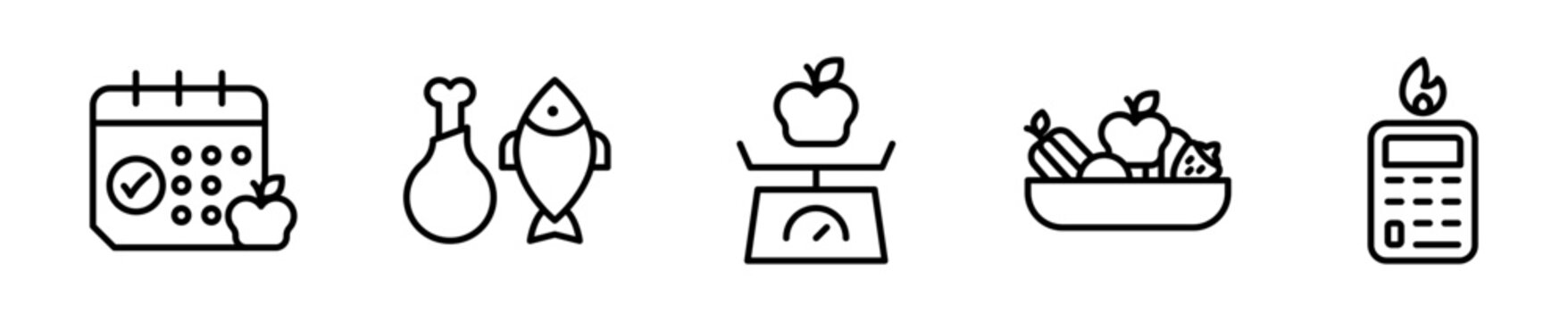 Set de iconos nutrici&oacute;n dieta alimentaci&oacute;n saludable 5 piezas outline vector