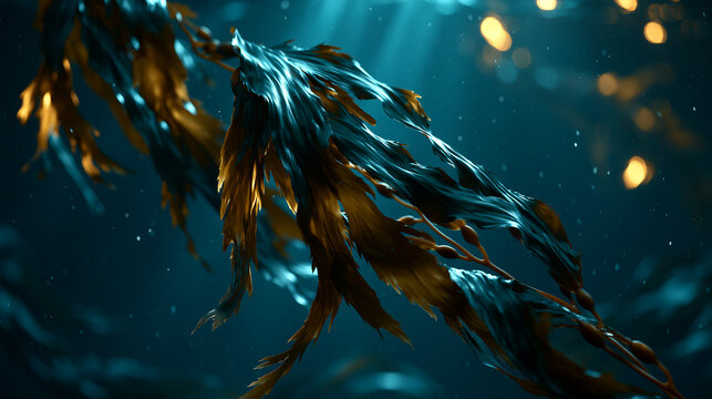 Underwater kelp forest swaying in deep blue ocean currents with underwater, ecosystem