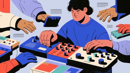 Fototapeta premium Analyst turning small knobs along the edge of a floating monitoring panel, as a modern flat vector concept illustration