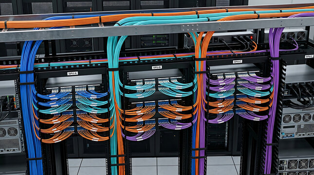 GPU Cluster Rear Cable Troughs Fiber Patch Panels Color Coded Jumpers Cable Ladder Tray