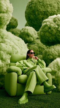 Elegant Woman in Monochromatic Green Fashion Lounge with Surreal Fluffy Trees and Luxury Contemporary Style