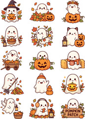 Fototapeta premium Cute Kawaii Halloween Ghost Sticker Set - Autumn Pumpkin Mascot Vector Clipart
