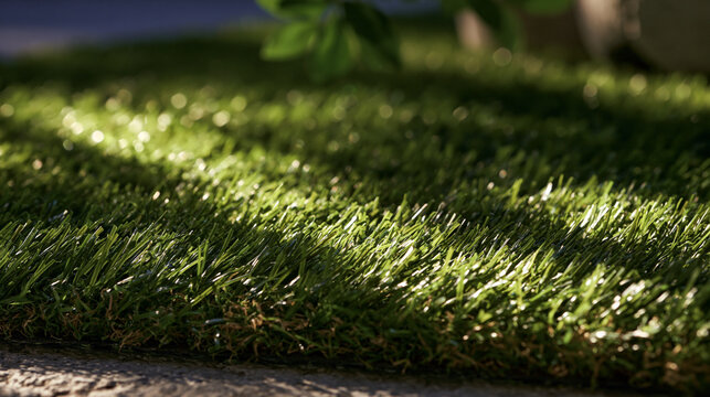 Lush green artificial grass texture surface in sunlight with artificial, backyard