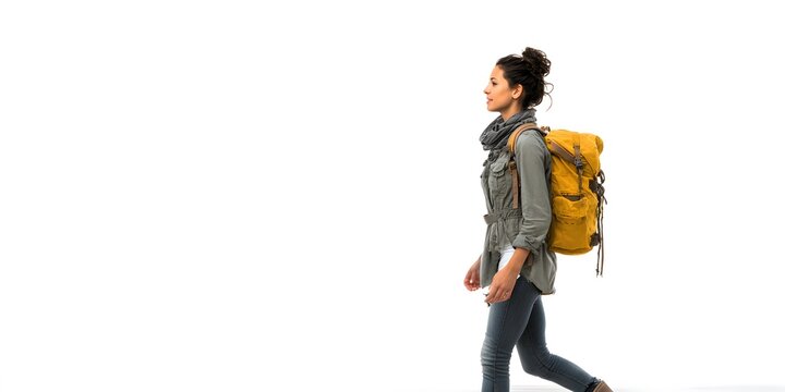 Woman wearing a backpack is walking alone on a white background.