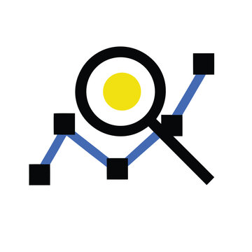 Analytics icon of magnifying glass with line chart. data analysis, business reporting, insights, dashboard analytics, monitoring, research, data visualization