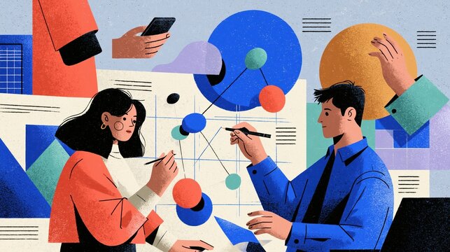 Two colleagues drawing connecting lines between floating nodes on a chart board, as a modern flat vector concept illustration