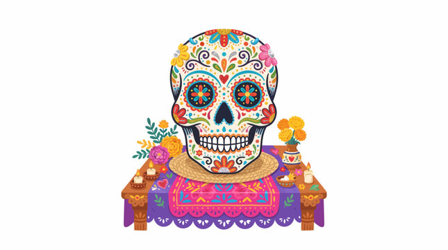Colorful Mexican sugar skull on altar. Traditional Day of the Dead decoration with vibrant floral and candle accents.