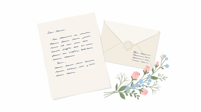 Handwritten letter with envelope and flowers. Romantic correspondence for special occasions.
