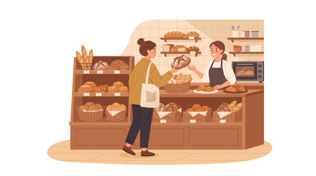 Female shopper choosing baked goods in a bakery shop, casual style, warm lighting, friendly atmosphere.