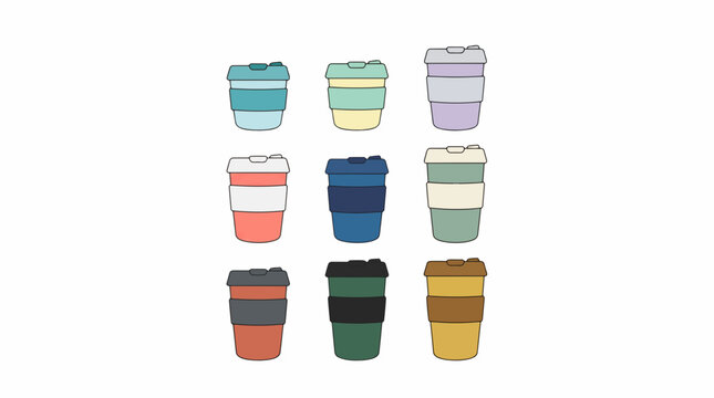 Reusable coffee cups in different sizes. Eco-friendly drinkware for sustainable lifestyle.