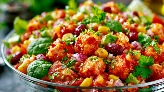 Fresh vegetable and bean salad mix in glass bowl with vegetable nutrition vegetarian