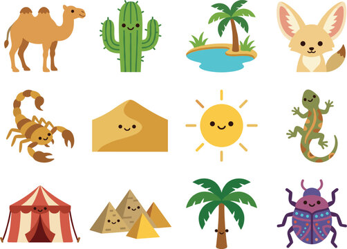 Cute kawaii desert life sahara camel cactus oasis palm fennec fox scorpion house sun icon set with smiling lizard tent pyramids palm tree beetle dune adventure flat cartoon doodle sticker vector
