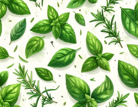 fresh herb pattern, flat 2D illustration, basil rosemary and thyme leaves scattered evenly