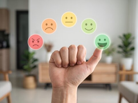 Customer satisfaction survey with hand choosing happy emoji, feedback rating scale icons, user experience and mental health evaluation