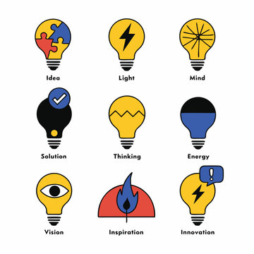 icon set of light bulb. idea and inspiration concepts. Creative thinking, solution symbols and innovation. brainstorming and startup visuals