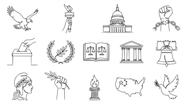 American Symbols and Concepts: Law, Freedom, Democracy, Justice, Liberty Icons