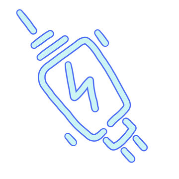 A vibrant blue, neon-style line art illustration of a power adapter and cable featuring a central lightning bolt symbol, representing electricity or charging,It is perfectly suited for use as a user i