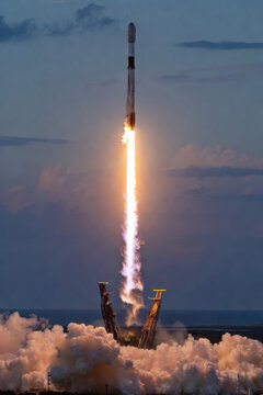 Massive space rocket launching into the blue sky with powerful fire exhaust and smoke clouds
