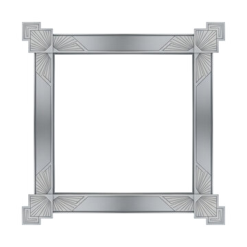 Minimalist rectangular metallic silver frame with brushed texture and symmetrical ornate geometric corner accents on a transparent background, architectural elegance