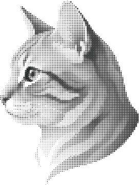 Abstract halftone cat face profile portrait vector illustration on white background
