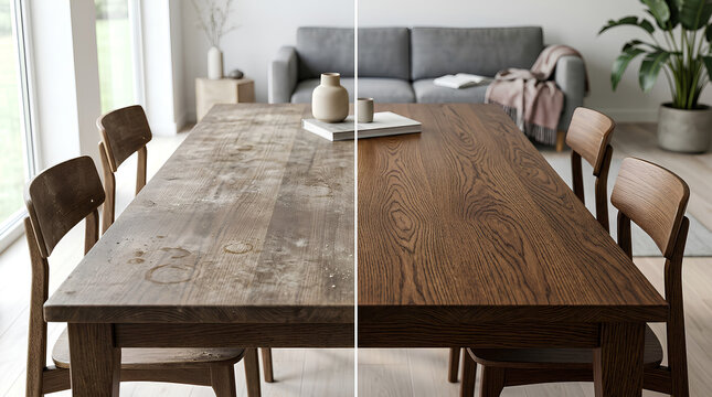 Split-screen comparison showcasing the contrast between a weathered, light-colored wooden dining table and a polished, darker