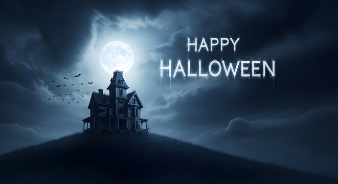 Haunted house on a hill under a full moon with bats flying in the night sky and happy halloween text