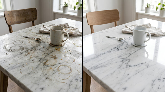Comparison of a dirty and clean marble table surface highlighting cleanliness and maintenance differences