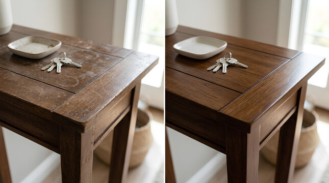 Comparison of a Rustic Wooden Table Before and After Refinishing Showing Improved Finish and Elegance