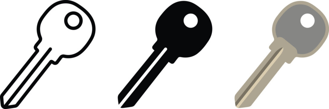 Security key access vector icon set showing outline solid silhouette and flat colored styles for locking system illustration