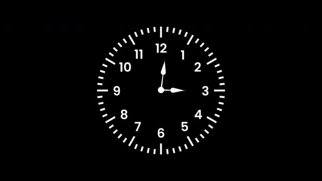 Clock icon timelapse, set at three oclock, features numerals, hands, and ticks against dark background, ideal for posters and interfaces.