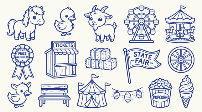 Collection of cute hand-drawn illustrations representing elements of a state fair or carnival.