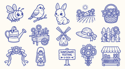 Charming Collection of Hand-Drawn Farm and Summer Elements, Including Animals, Flowers, and Festival Icons.