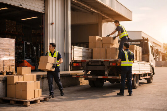 Warehouse Workers Loading Cardboard Shipping Boxes into Open Container Truck at Modern Logistics Distribution Center