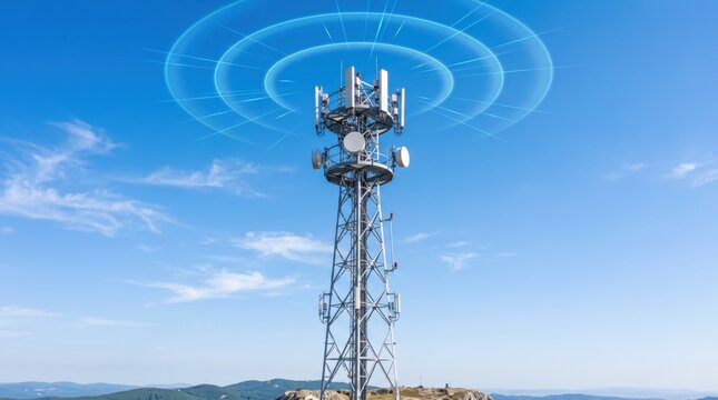 Telecommunication tower transmitting wireless signal waves against clear blue sky, mobile network antenna structure on mountain top, 5G connectivity and global communication