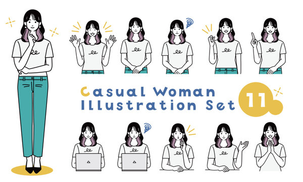 カジュアルな女性の表情・ポーズバリエーション11種類セットのコレクションバナー