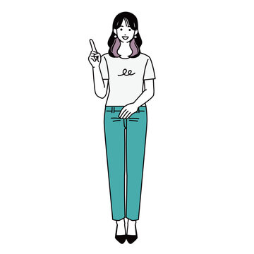 人差し指を立てて説明するカジュアルな女性の全身イラスト