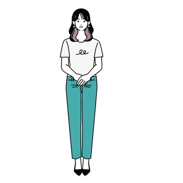 手を前で組み立つ穏やかな表情のカジュアルな女性の全身イラスト