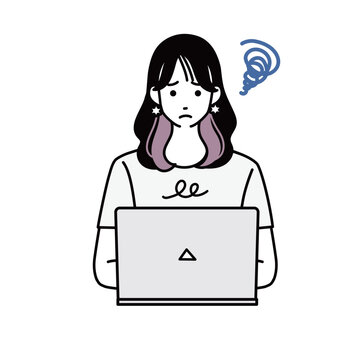 パソコンの前で困った表情を浮かべるカジュアルな女性のバストアップイラスト