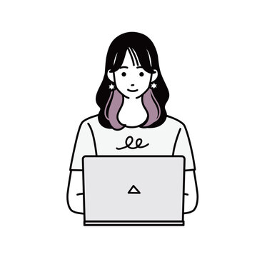 パソコンの前で笑顔を見せるカジュアルな女性のバストアップイラスト
