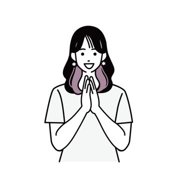 両手を合わせて喜ぶカジュアルな女性のバストアップイラスト