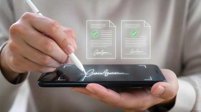 Digital Signature Hand Signing Smartphone Stylus Electronic Contract Paperless Agreement E Signature Mobile Approval Document Concept