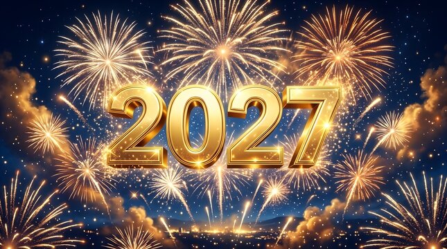 Festive gold 2027 numbers with bright colorful fireworks in the night sky for a happy new year celebration
